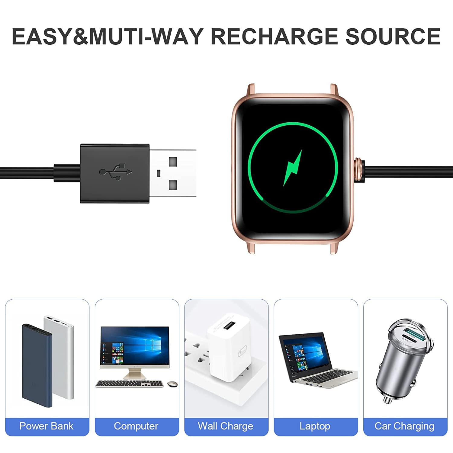 USB Clip Charging Cable Compatible with Ptron Force X11P Smart Watch