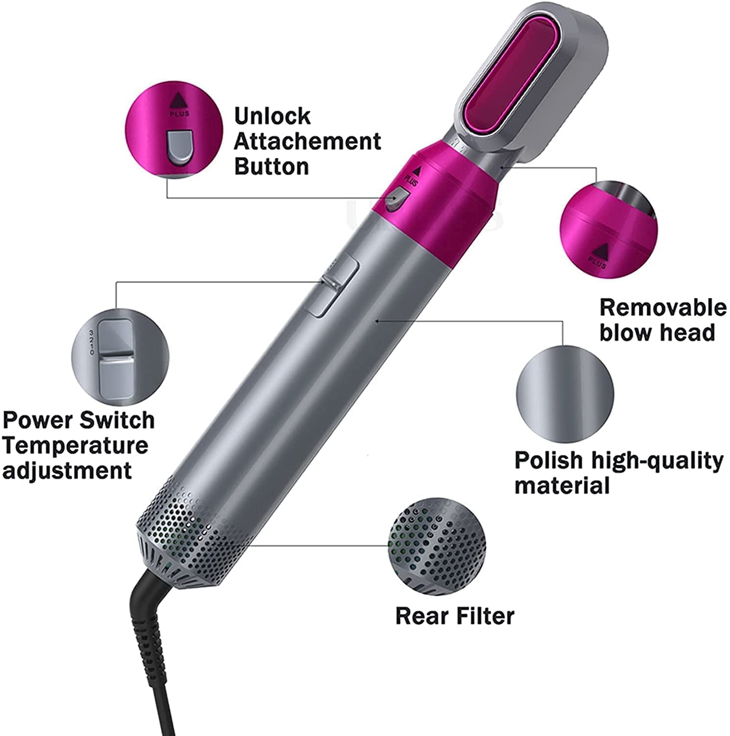 5 in 1 Hot Air Styler Hair Dryer Comb Multifunctional Styling Tool for Curly Hair machine Dryer Brush, 1000 Watts, Multi Automatic Suction Hair