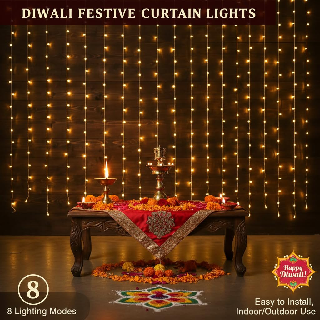 Warm Golden Waterfall Curtain LED String Lights  8-Mode AC Powered Decorative Curtain Lights