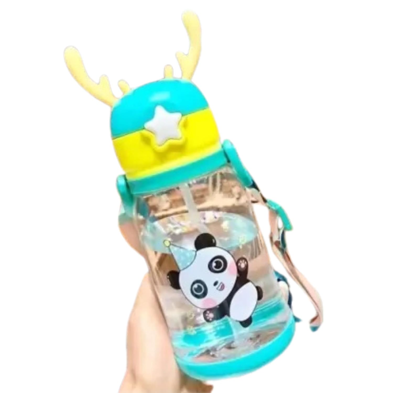 SHOPRIX Magic Pebbles Deer Horn Design Kids Portable Sipper Water Bottle Cute Cartoon Print for Children's 600ml Capacity for School, Shopping, Sports, Travel Water Bottle (Green)