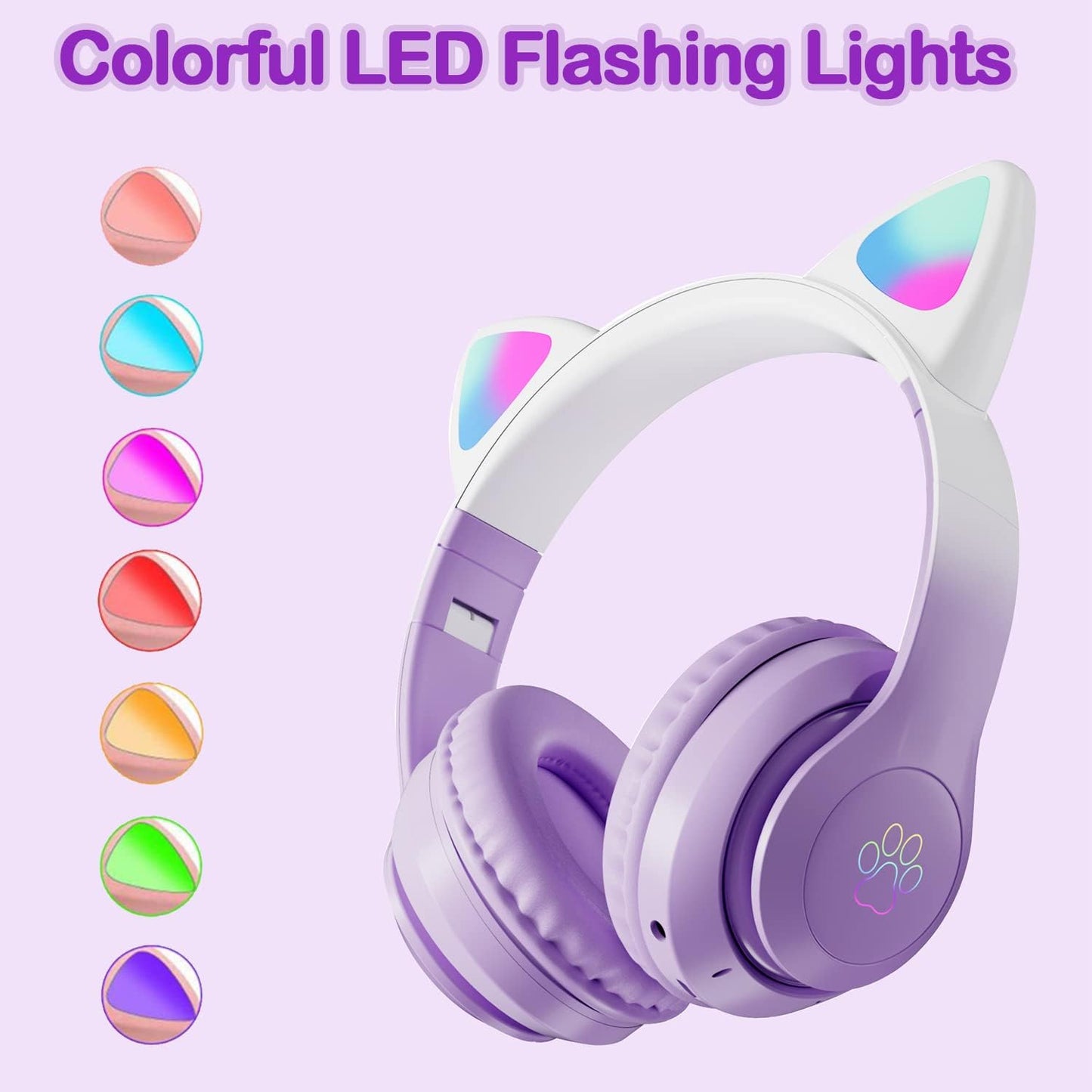 Kids Cat-Ear Bluetooth Headphones (LED, Mic,Wireless)