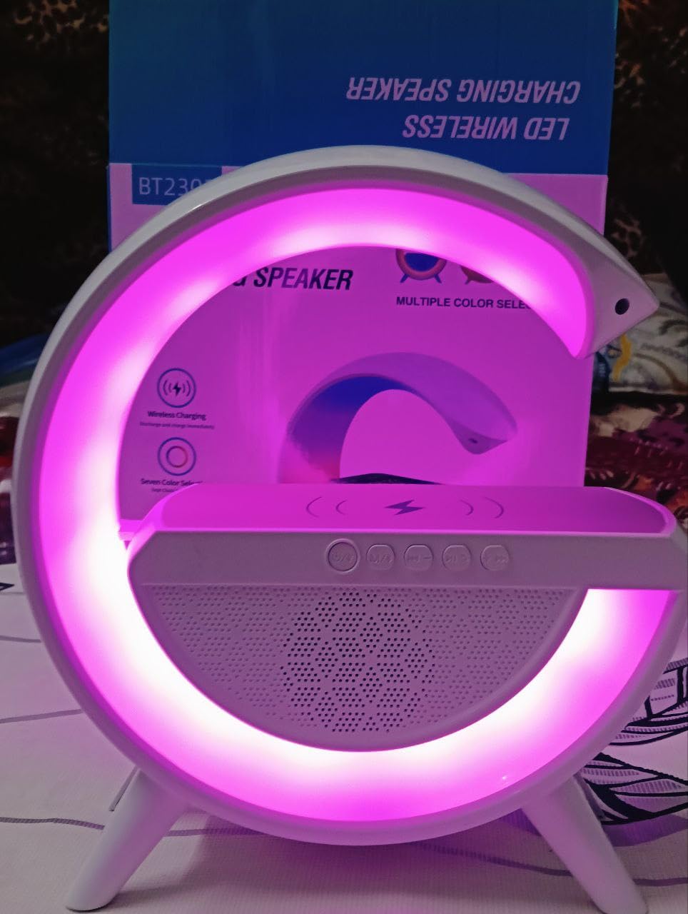 BT2301 LED Wireless Charging Speaker, 7-Colour Light, FM Radio, Long Standby, White with Wireless Charging