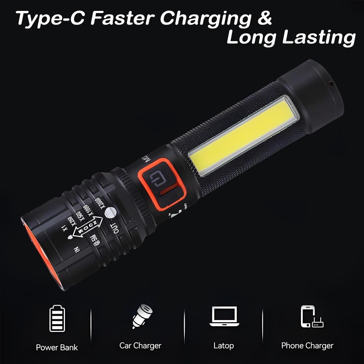 Rechargeable Flashlight – 10000 Lumen High Power LED Torch, 1200M Long Beam, USB-C Charging, 10+ Hours Runtime, Adjustable Zoom Light for Camping, Hiking, Emergency, Outdoor Use (Black -M035-C)