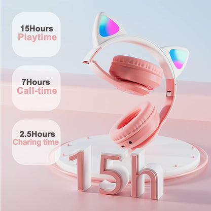 Kids Cat-Ear Bluetooth Headphones (LED, Mic,Wireless)