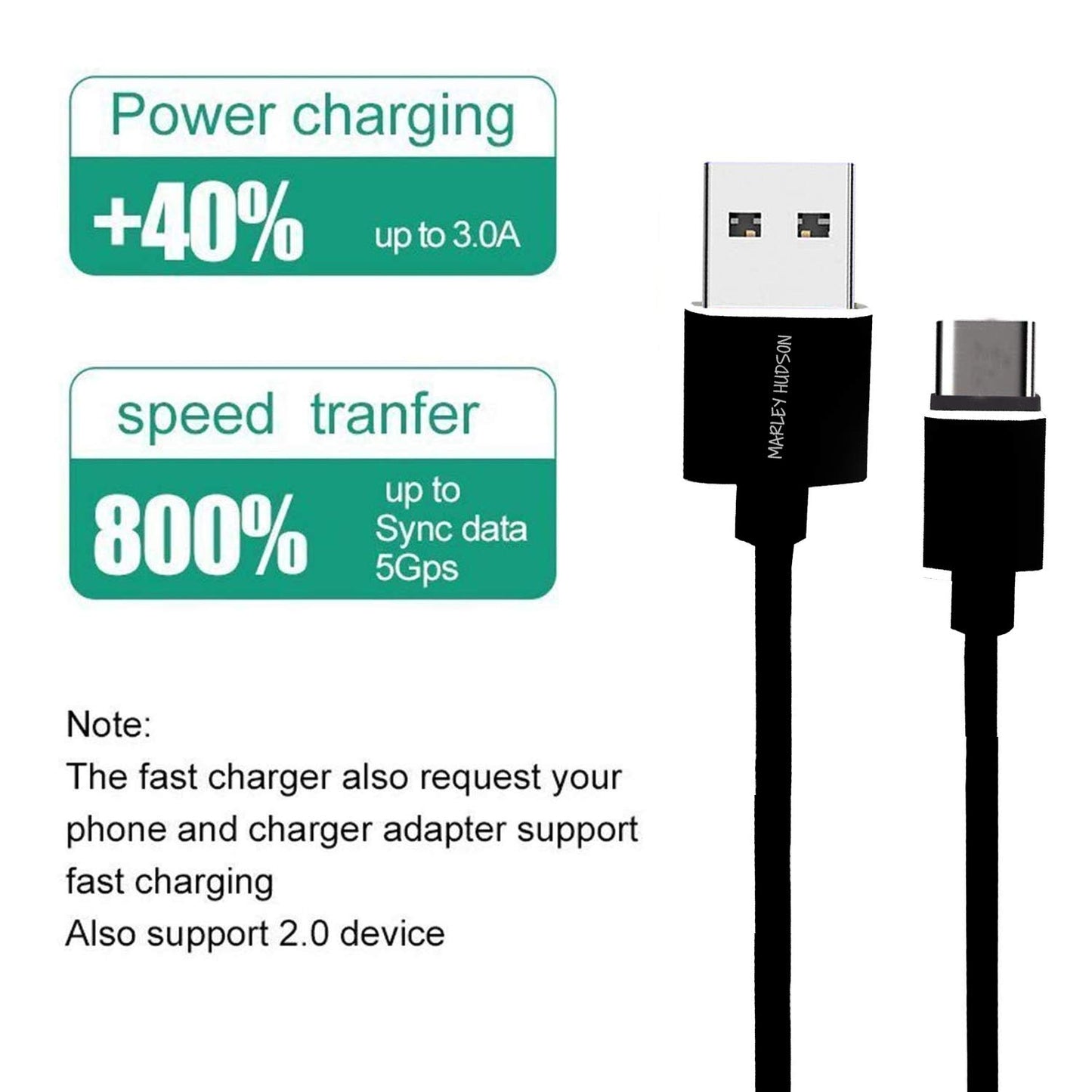 Marley Hudson USB Type-C to USB-A 2.0 Male Data Cable - 0.91m/3ft