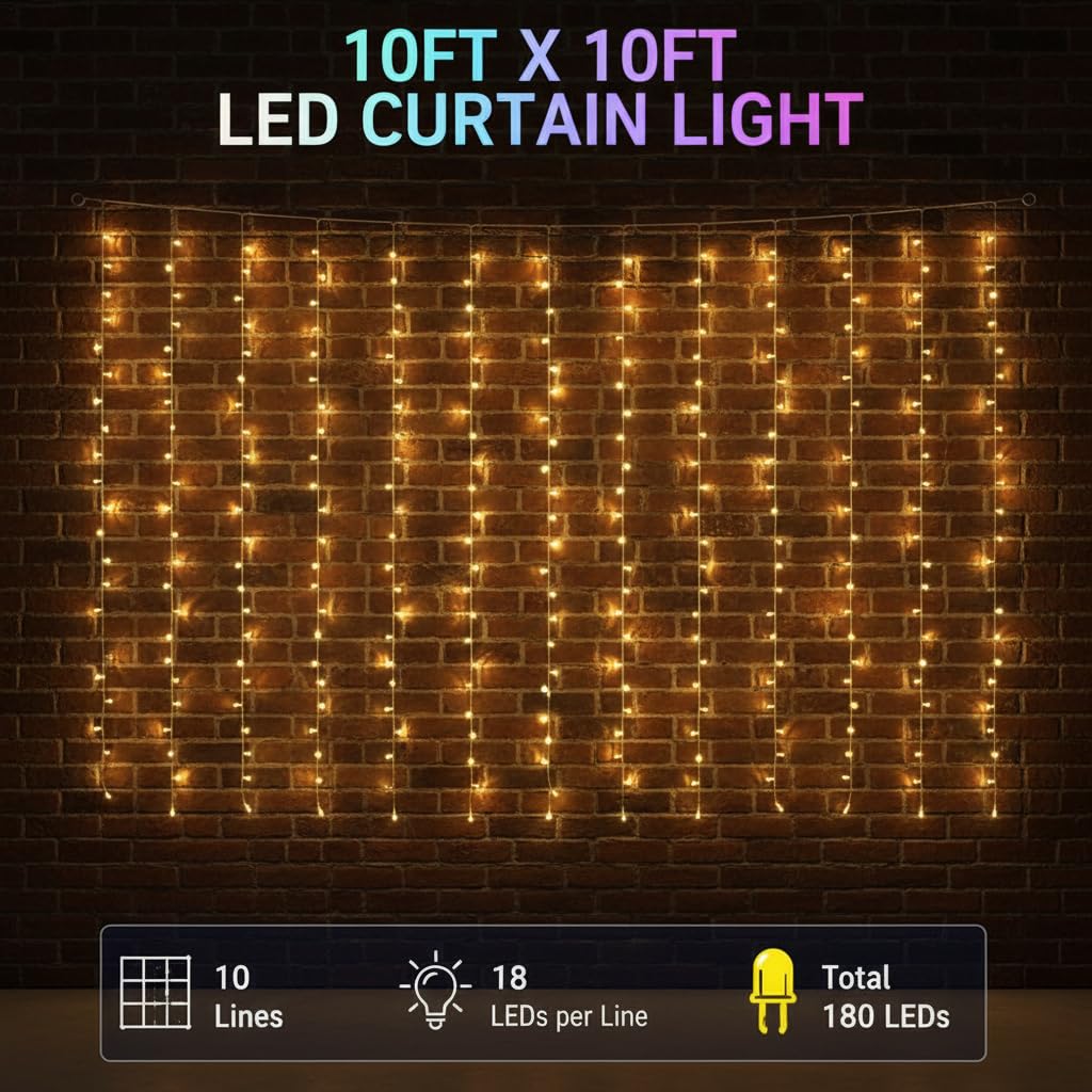 Warm Golden Waterfall Curtain LED String Lights  8-Mode AC Powered Decorative Curtain Lights