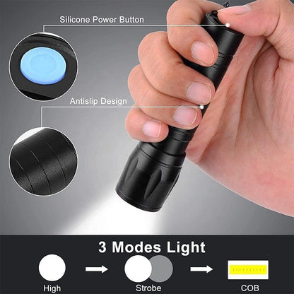 2 in 1 Led Mini Rechargeable Flashlight | Zoom LED with COB Light | Ultra Bright Handheld Torch with Side Lantern | Waterproof Telescopic Portable Torch with 3 Modes & Pen Clip
