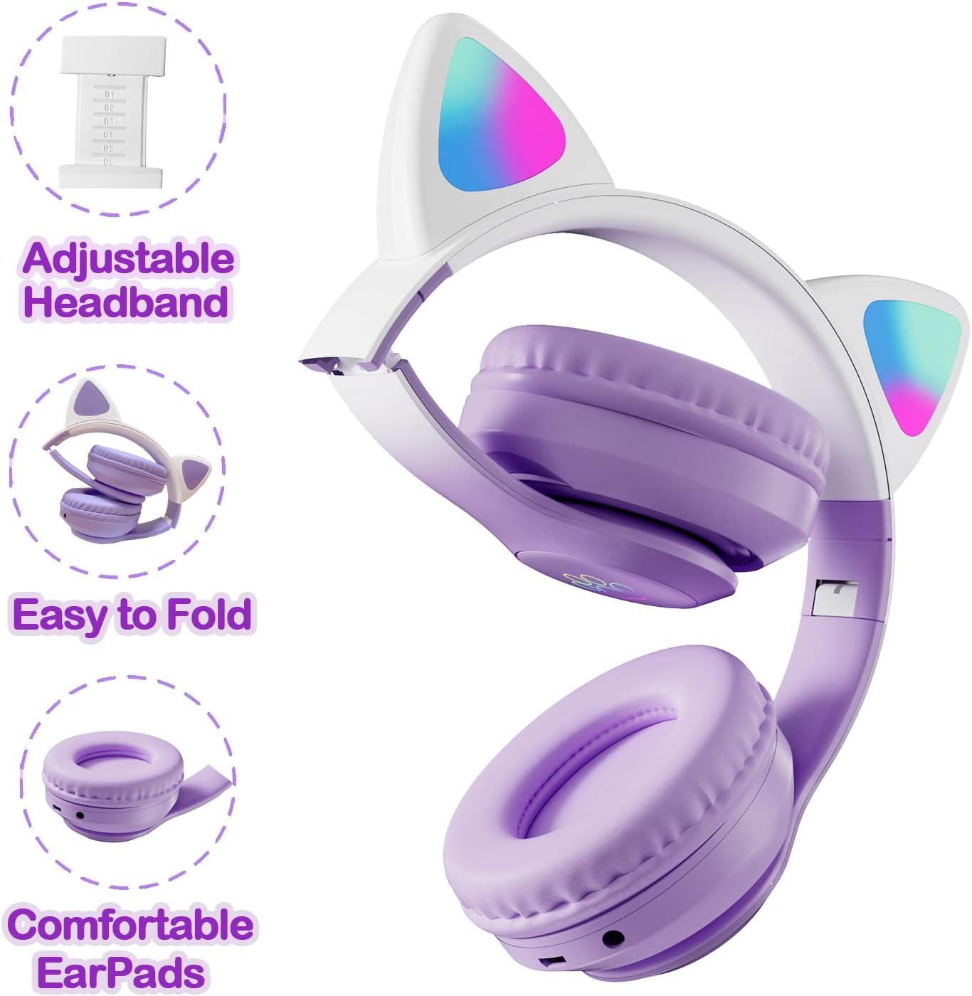 Kids Cat-Ear Bluetooth Headphones (LED, Mic,Wireless)