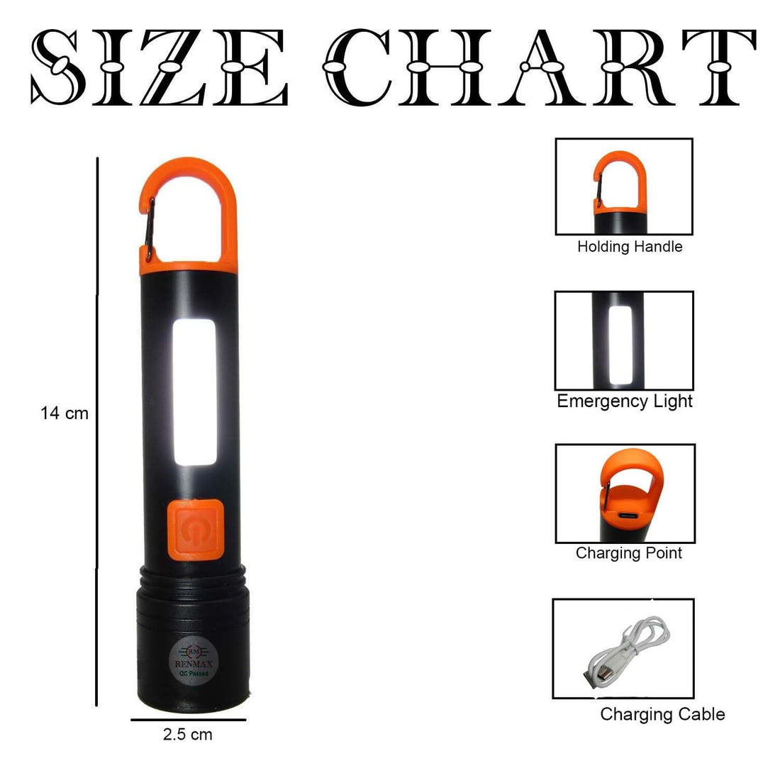 RENMAX LED Torch with Zoom Focus Light Bright Pocket Size 2in1 C-Type Fast Charging Support | Rechargeable Torch with Metal Body -1 Pc (Pocket Size 13Cm)