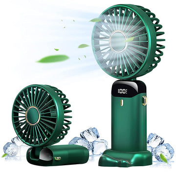 HASTHIP® Hand Fan for Women, Mini Small Portable Fan with USB Charging, 5 Speeds Fan with Lanyard, Fragrance Sheet and Base, Built-in 3000mAh Battery, Foldable 90°, LED Battery Level Display (Green)