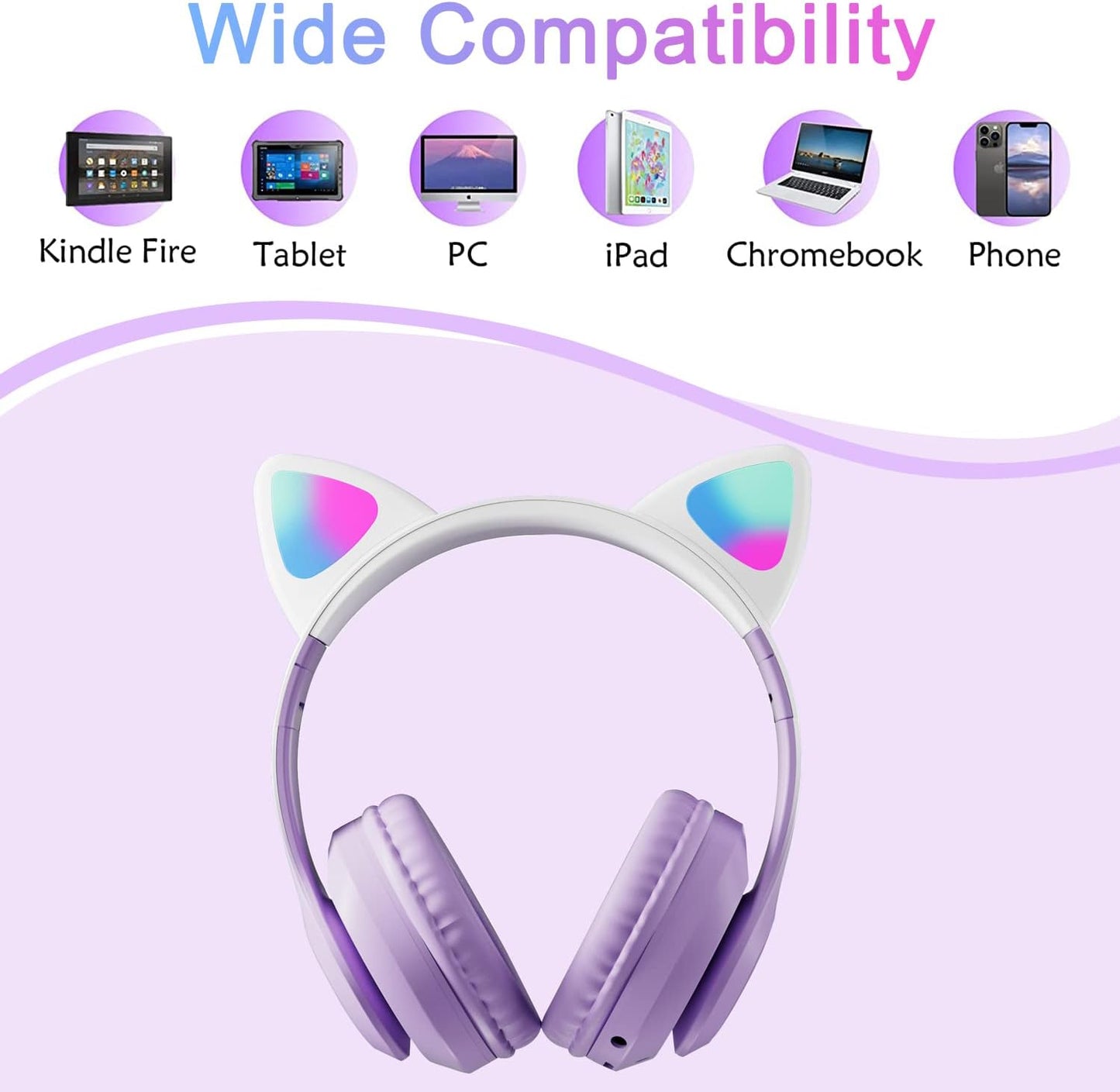 Kids Cat-Ear Bluetooth Headphones (LED, Mic,Wireless)