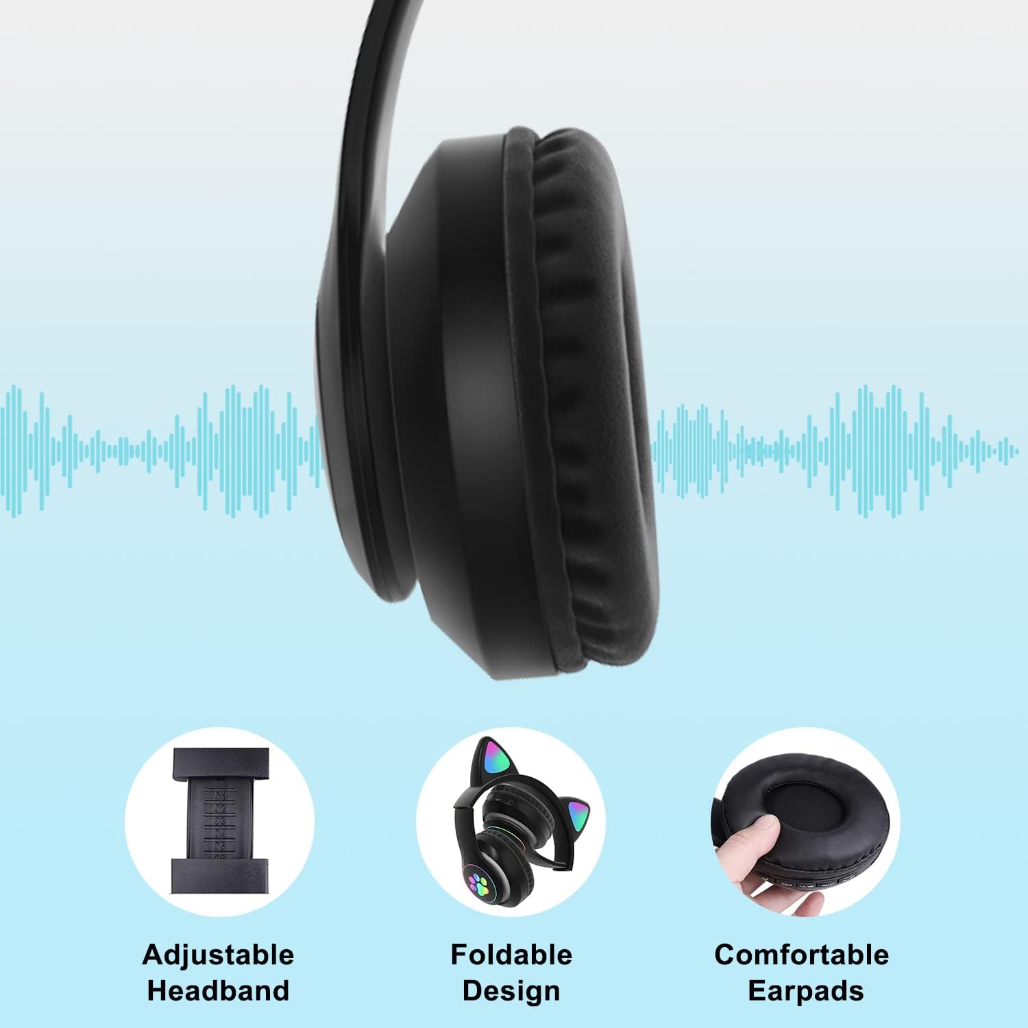 Kids Cat-Ear Bluetooth Headphones (LED, Mic,Wireless)