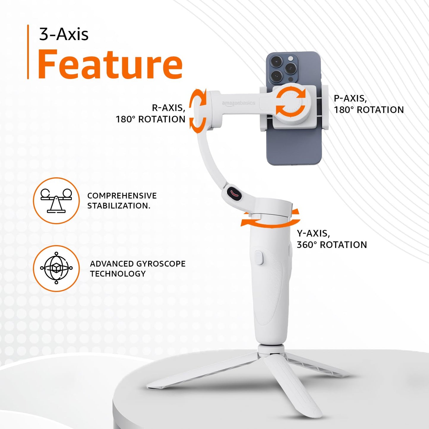 Amazon Basics Foldable 3-Axis Gimbal Stabilizer | Advanced Gyroscope | Shake-Free Footage | Object Tracking | Panoramic, Time-Lapse & Slow-Motion | 2500mAh Battery | Ideal for Vlogging (Light Grey)