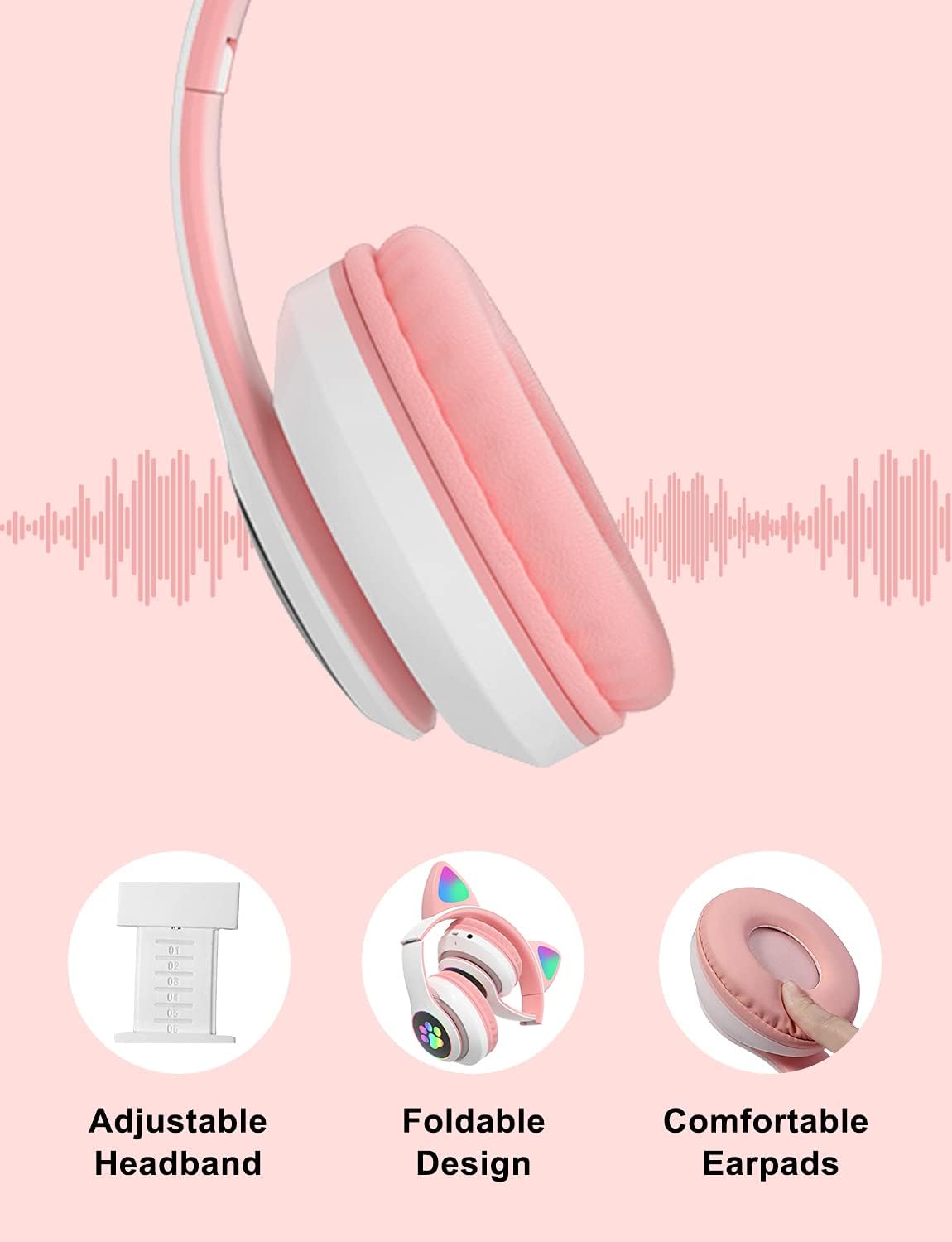 Kids Cat-Ear Bluetooth Headphones (LED, Mic,Wireless)