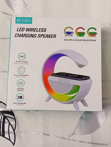 BT2301 LED Wireless Charging Speaker, 7-Colour Light, FM Radio, Long Standby, White with Wireless Charging