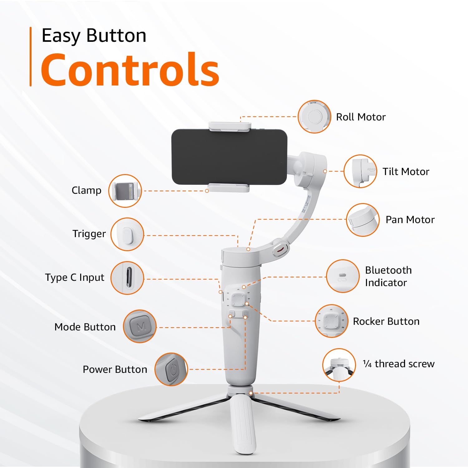 Amazon Basics Foldable 3-Axis Gimbal Stabilizer | Advanced Gyroscope | Shake-Free Footage | Object Tracking | Panoramic, Time-Lapse & Slow-Motion | 2500mAh Battery | Ideal for Vlogging (Light Grey)