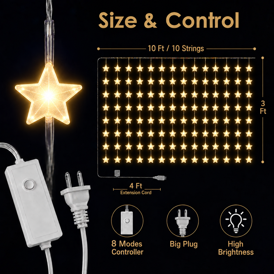 10-String Decorative Stars Curtain Light with 8 Lighting Modes for Diwali, Windows, Mandir & Festive Décor