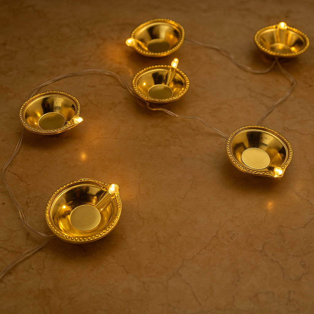Golden Diya LED String Lights – Elegant Festive Illumination for Decor & Gifting
