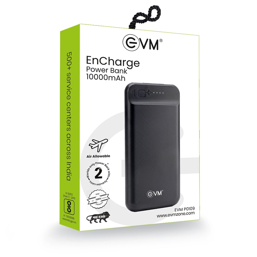 EVM Encharge Lithium_Polymer Power Bank 10000mAh with Micro USB Cable Compatible with All Kind of Smartphone and Other Devices (Black)