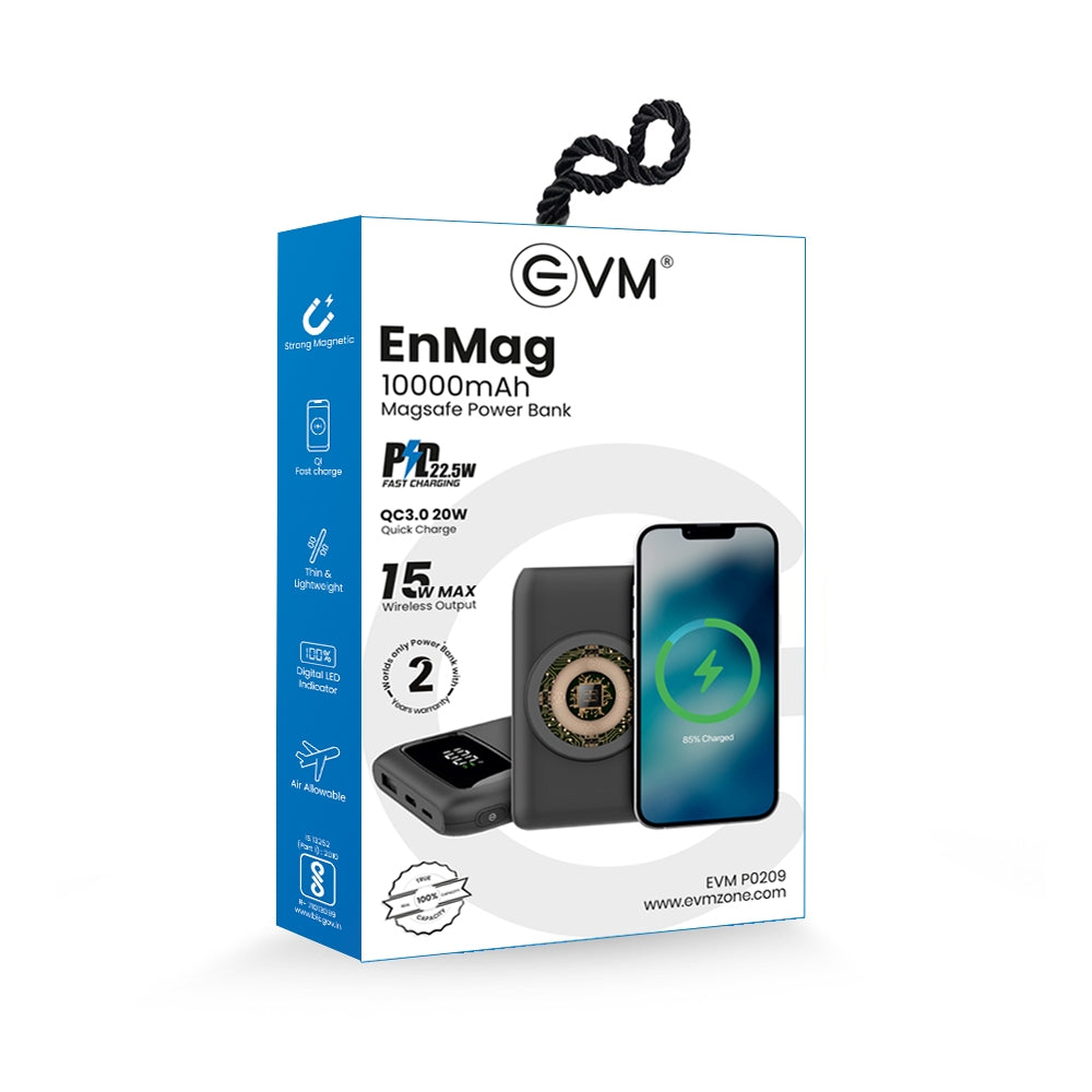 EVM EnMag Lithium_Polymer Power Bank 10000MAH with 15W Max Wireless Charging, Digital Indicator, QI Fast Charge, Air Allowable (P0209, Black)