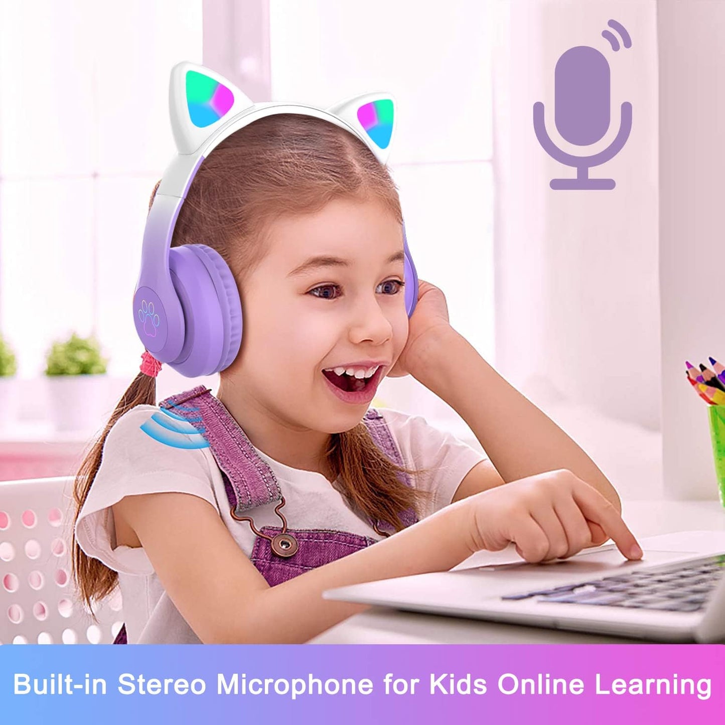 Kids Cat-Ear Bluetooth Headphones (LED, Mic,Wireless)