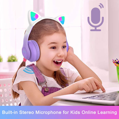 Kids Cat-Ear Bluetooth Headphones (LED, Mic,Wireless)