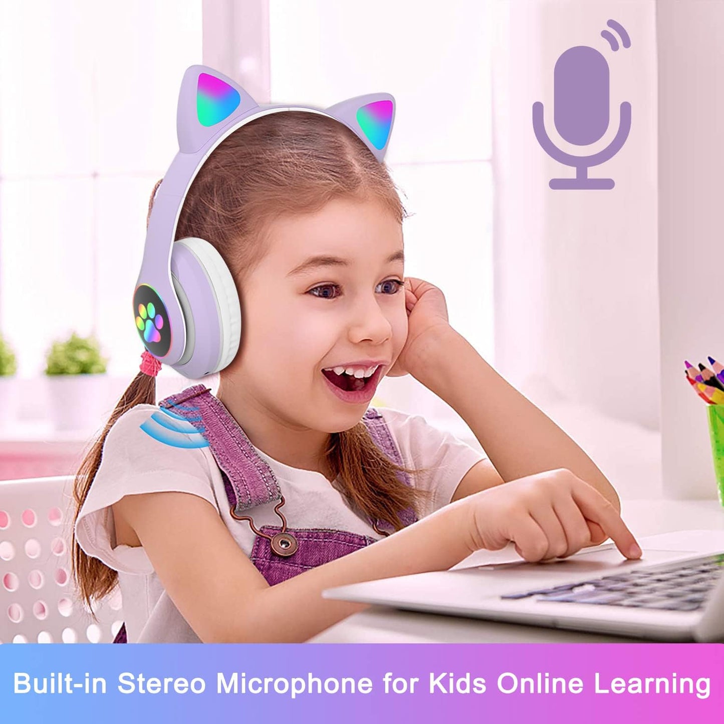 Kids Cat-Ear Bluetooth Headphones (LED, Mic,Wireless)