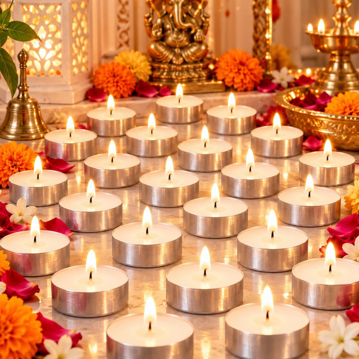 Divayanshi Wax Tea Light Candles | Scented & Decorative Tealight Candles for Home Decor, Diwali, Puja, Wedding, Birthday, Party & Romantic Candlelight Decoration- Pack of 50