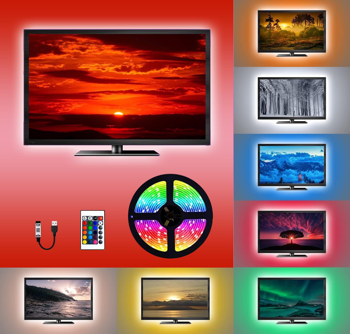 NIYAMAX 2 Meter USB-Powered 5050 RGB LED Strip Lights – 16 Color Changing Backlight Kit with Remote Control, 30 LEDs/M, Easy Installation, Perfect for Home Theater & Gaming Setup