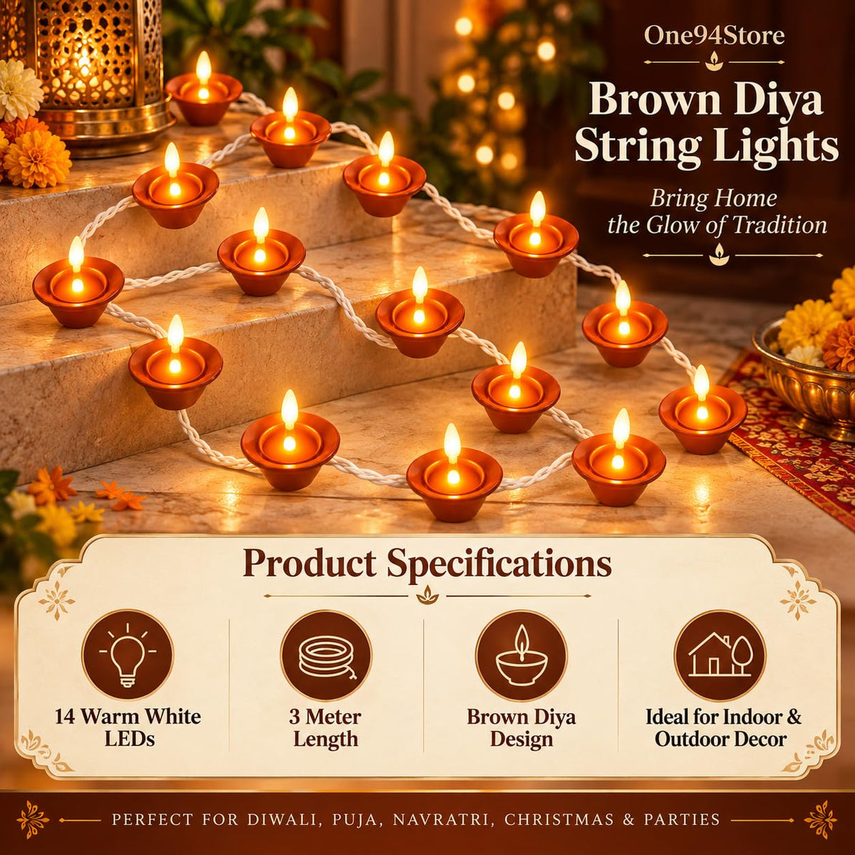 One94Store Brown Diya String Lights 3 Meter | 14 LED Decorative Lights for Diwali, Puja, Navratri, Christmas, Party & Home Décor | Warm White (Pack of 1)