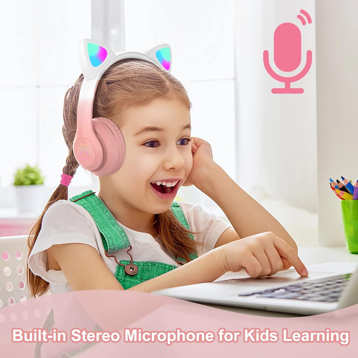 Kids Cat-Ear Bluetooth Headphones (LED, Mic,Wireless)