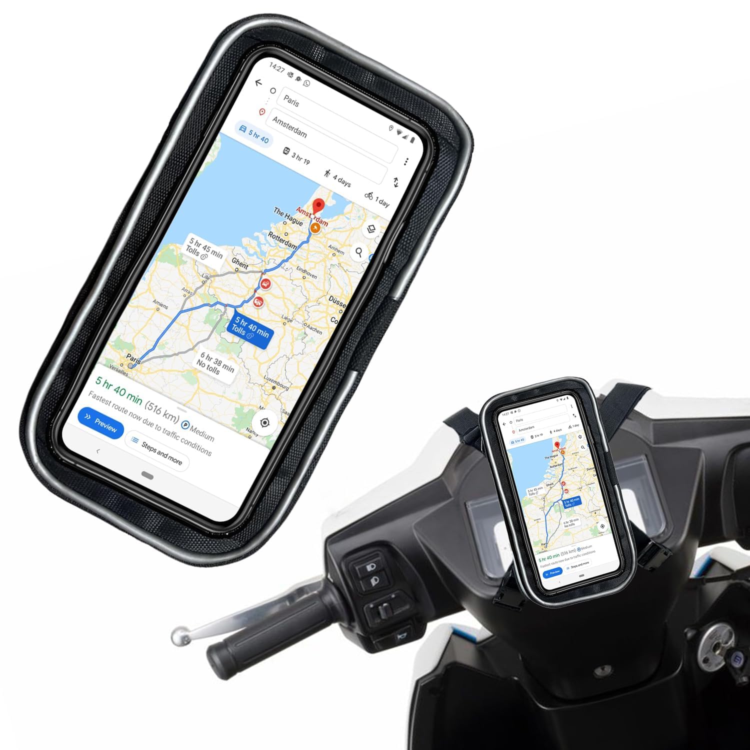 RideMate™ Bike & Scooty Mobile Holder – Waterproof Pouch with Anti-Shake Grip for GPS & Maps