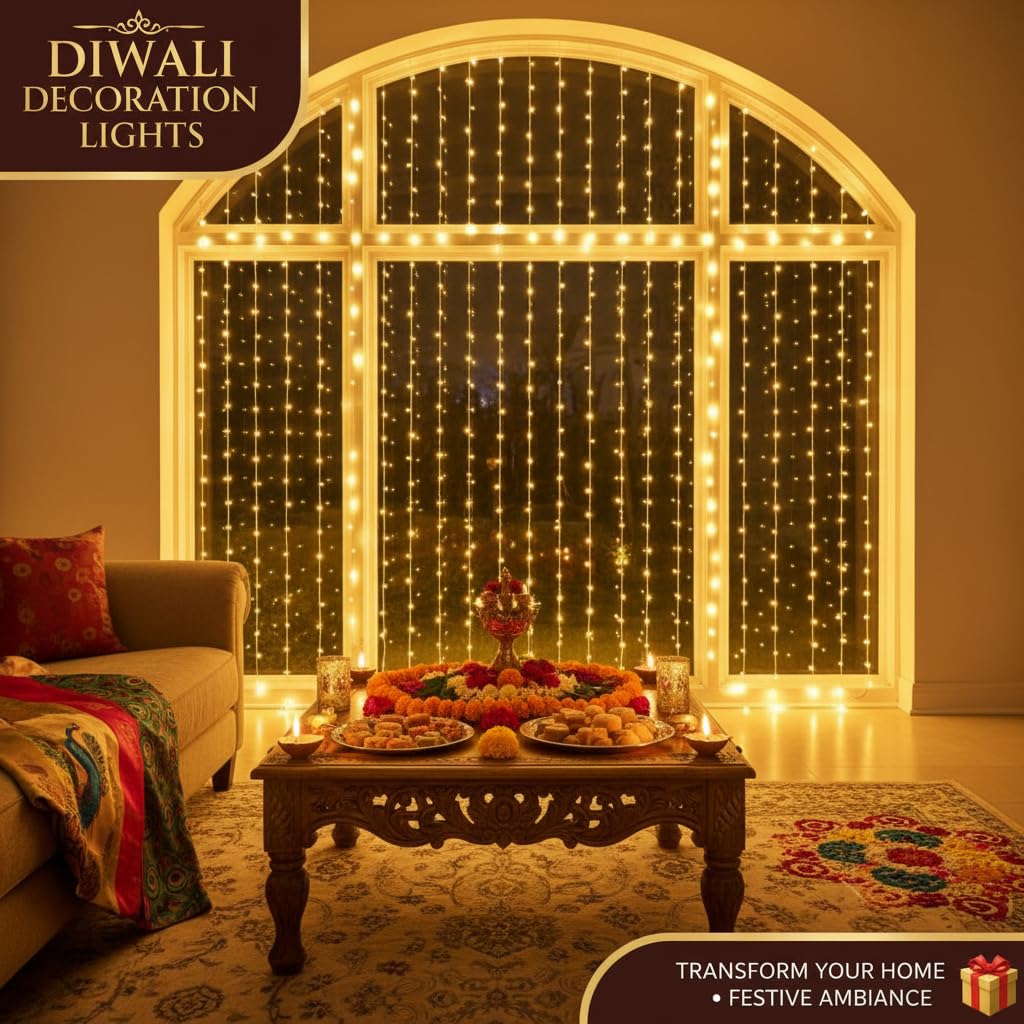 Warm Golden Waterfall Curtain LED String Lights  8-Mode AC Powered Decorative Curtain Lights