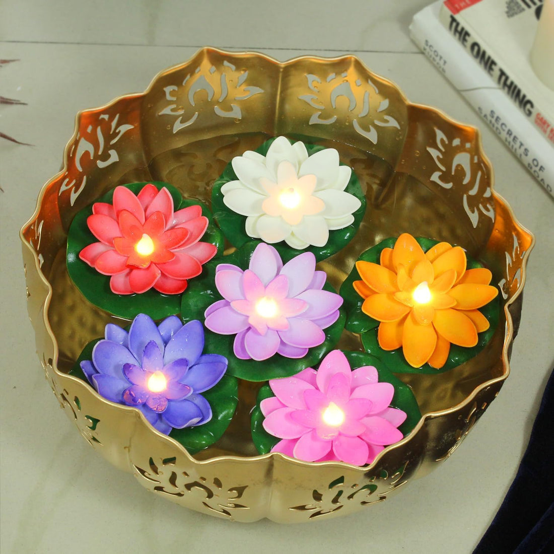 VERVENIX Pack of 6 Floating Lotus LED Candles with Water Sensor – Multicolor, Smokeless & Flameless Tea Lights for Diwali Festival, Home & Outdoor Decoration