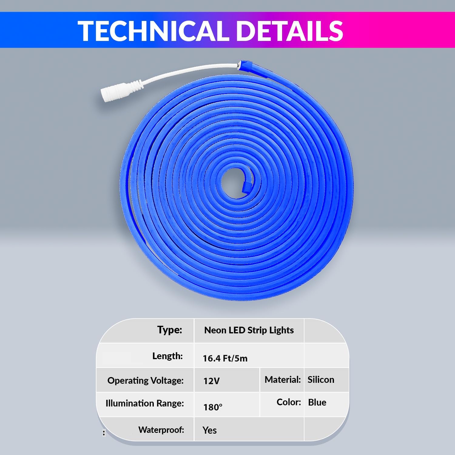 5m Neon LED Strip Light with SMPS & 3A Adapter