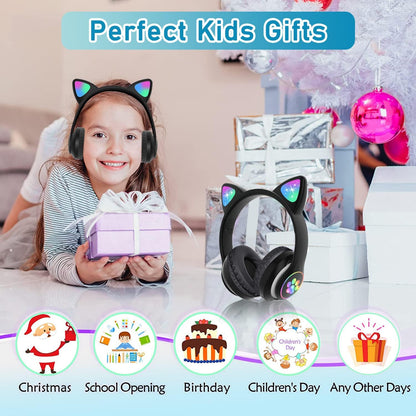 Kids Cat-Ear Bluetooth Headphones (LED, Mic,Wireless)