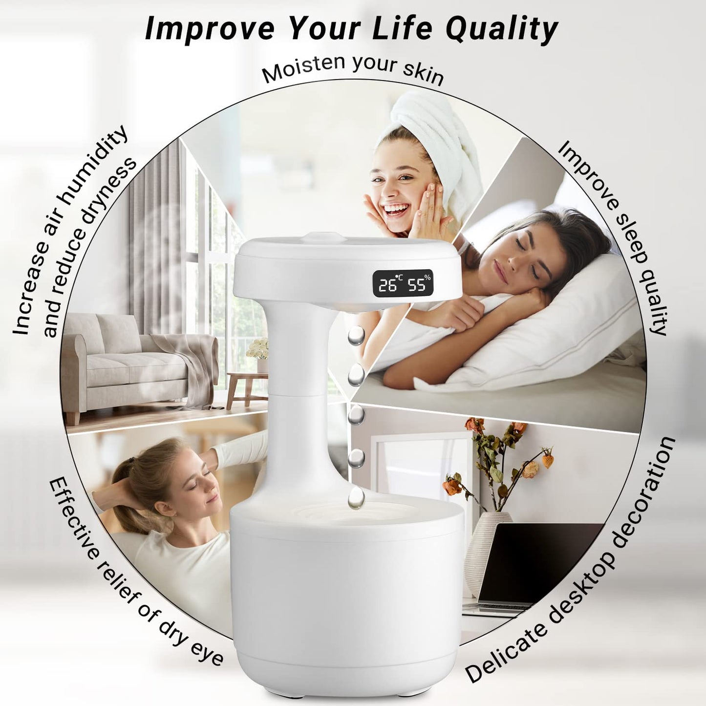 Anti-Gravity Water Droplet Humidifier with 2 Mode