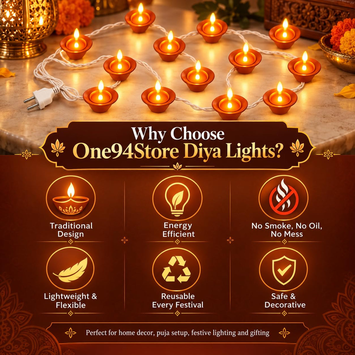 One94Store Brown Diya String Lights 3 Meter | 14 LED Decorative Lights for Diwali, Puja, Navratri, Christmas, Party & Home Décor | Warm White (Pack of 1)