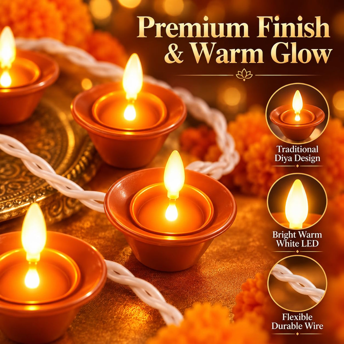One94Store Brown Diya String Lights 3 Meter | 14 LED Decorative Lights for Diwali, Puja, Navratri, Christmas, Party & Home Décor | Warm White (Pack of 1)