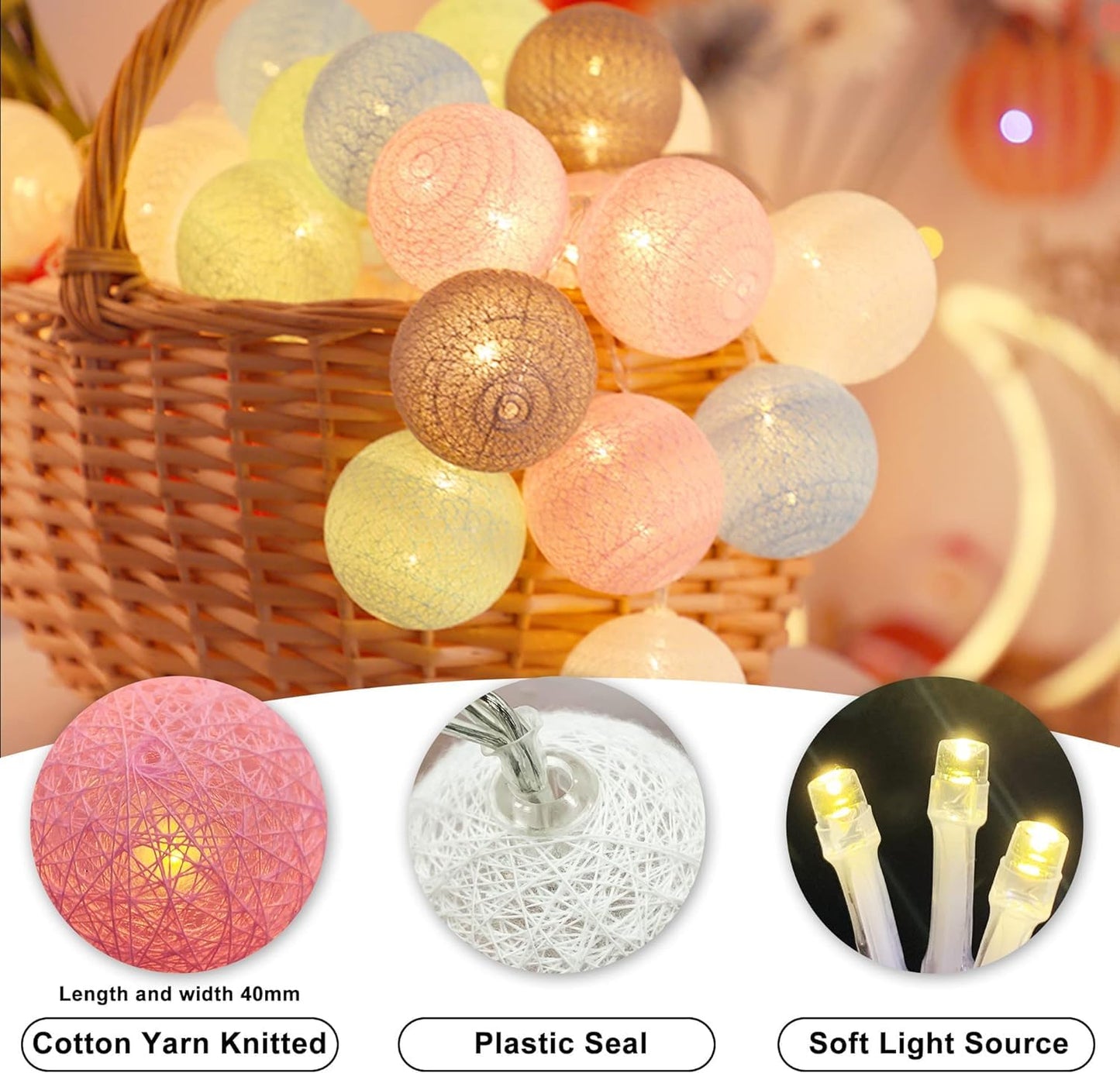 Fairy Cotton Ball Lights 10 LED Battery Powered String Light