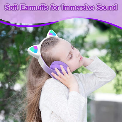 Kids Cat-Ear Bluetooth Headphones (LED, Mic,Wireless)