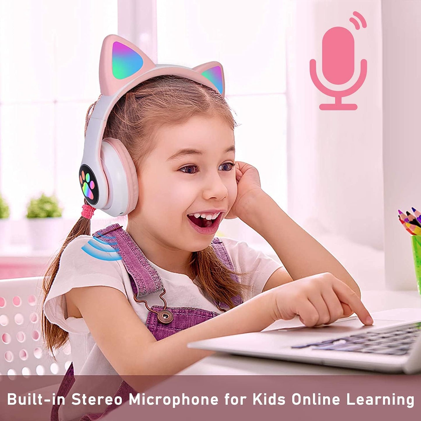 Kids Cat-Ear Bluetooth Headphones (LED, Mic,Wireless)