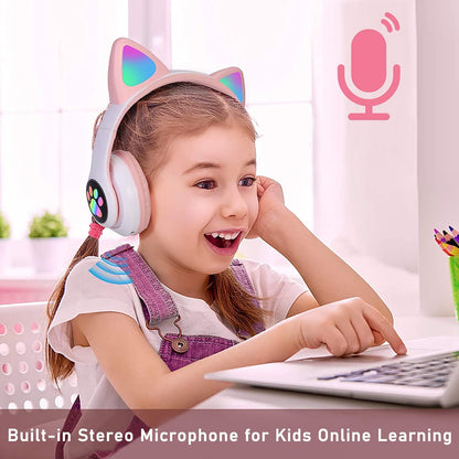 Kids Cat-Ear Bluetooth Headphones (LED, Mic,Wireless)