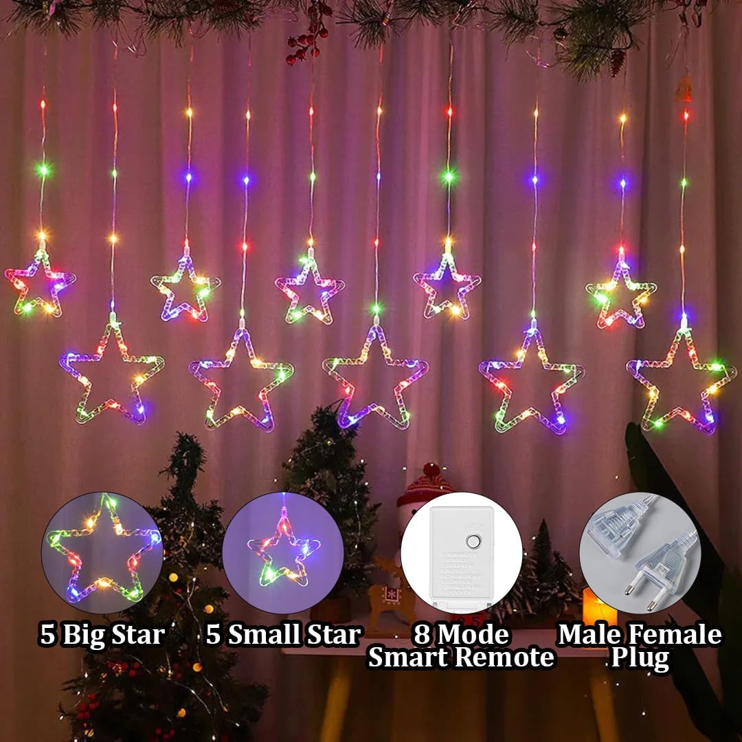 Qshare Neon Star String Lights - 5 Big and 5 Small Stars, Decorative LED Curtain Lights with 8 Flash Modes for Home, Balcony, Wall, Cafe, Indoor Outdoor Use, Festival & Celebration Decor (Multi)