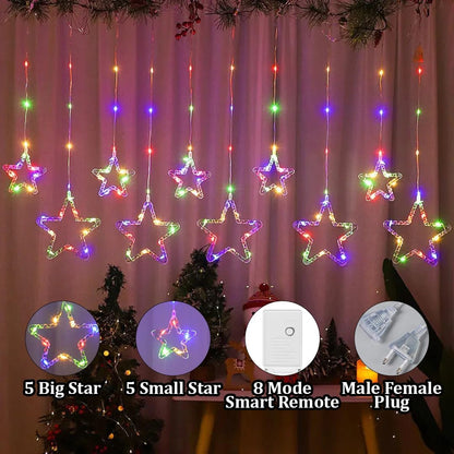 Qshare Neon Star String Lights - 5 Big and 5 Small Stars, Decorative LED Curtain Lights with 8 Flash Modes for Home, Balcony, Wall, Cafe, Indoor Outdoor Use, Festival & Celebration Decor (Multi)
