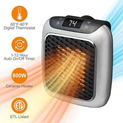 800 Convenient Wall Outlet Heater with Adjustable Thermostat Programmable 12 Hour Timer Auto Shut-Off - Mini Ceramic Heater Quiet and Space Saving