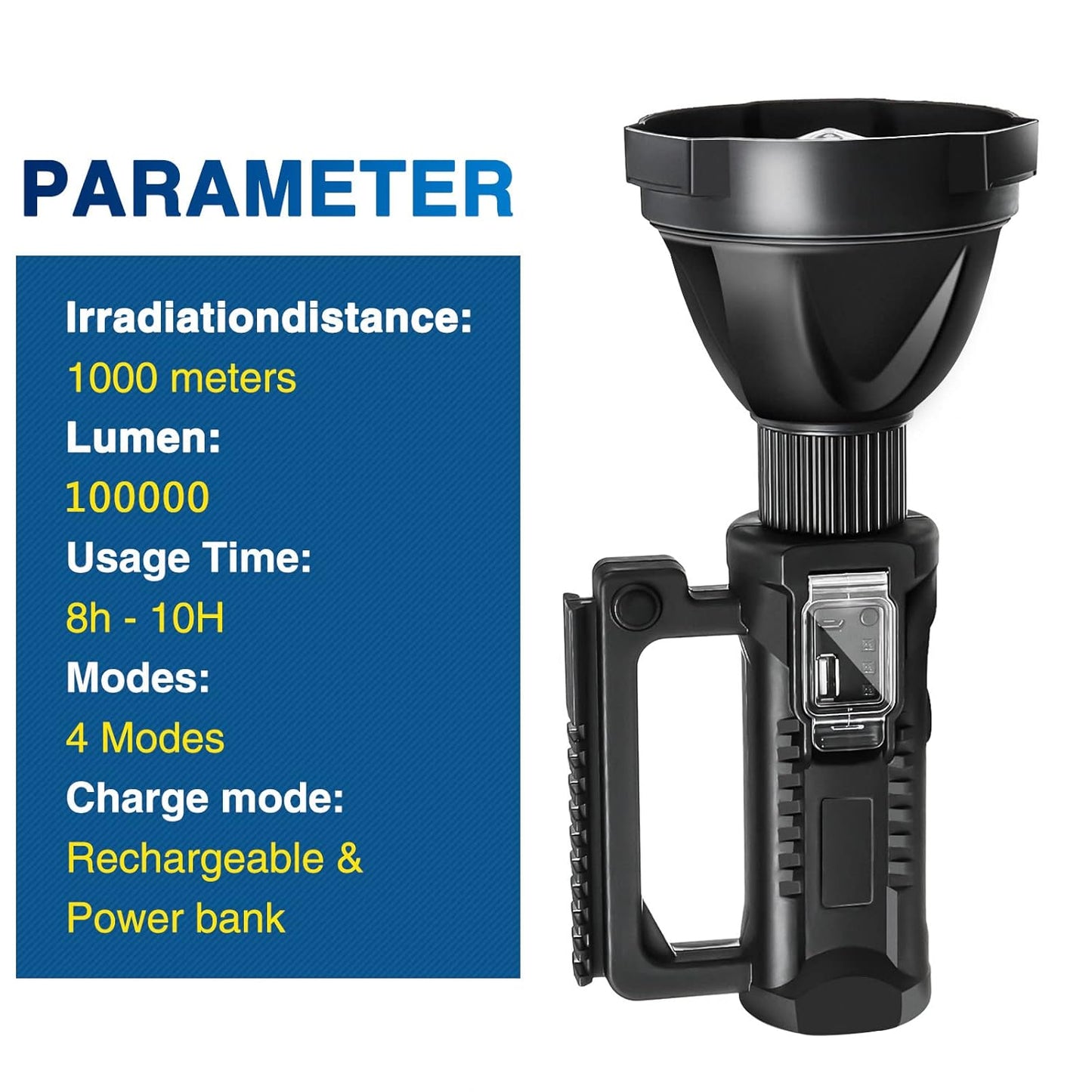 100W Rechargeable LED Multifunctional Searchlight USB Side