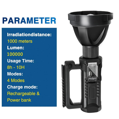 100W Rechargeable LED Multifunctional Searchlight USB Side
