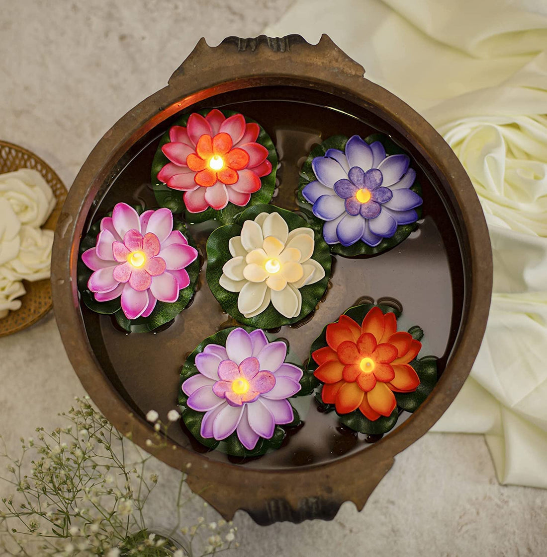 VERVENIX Pack of 6 Floating Lotus LED Candles with Water Sensor – Multicolor, Smokeless & Flameless Tea Lights for Diwali Festival, Home & Outdoor Decoration