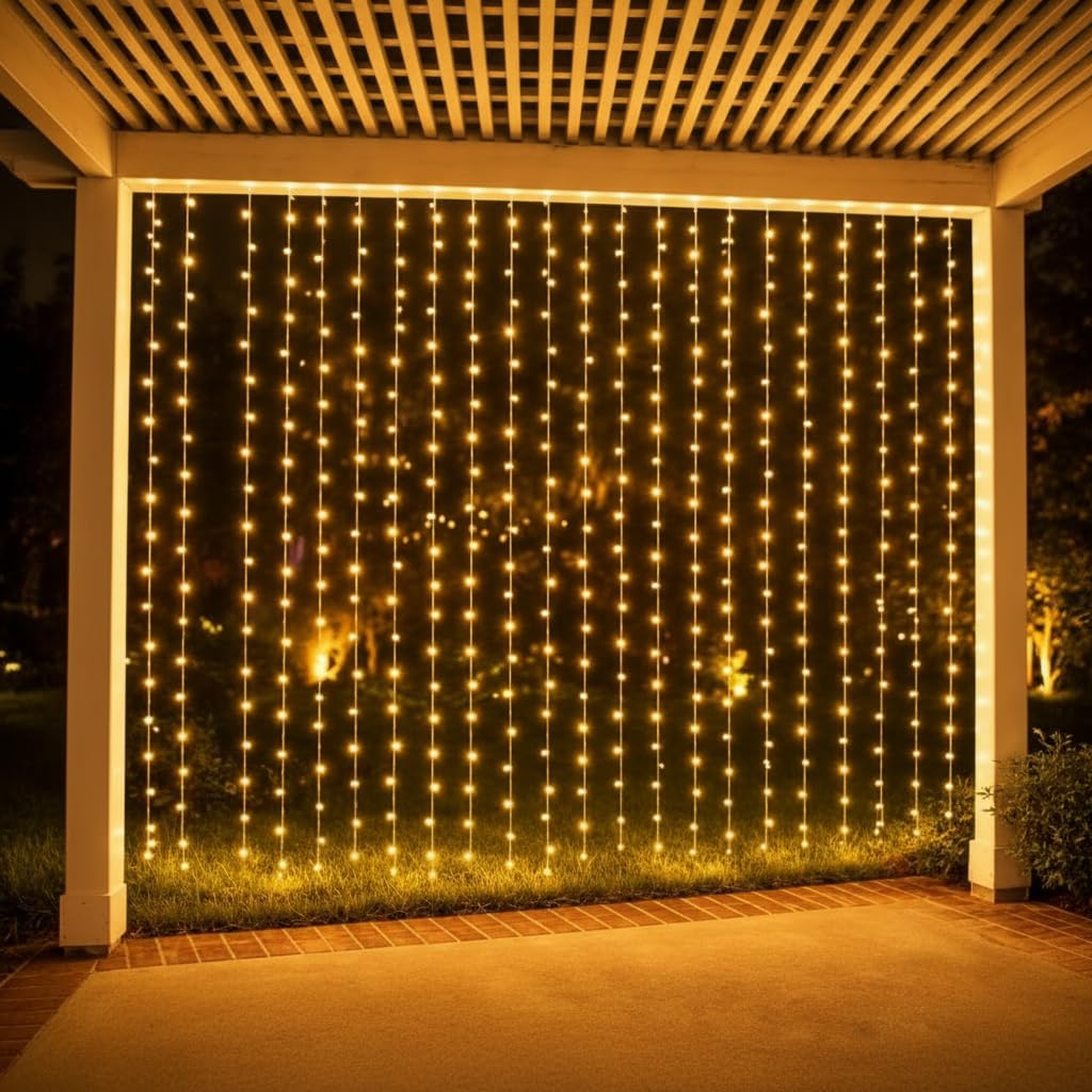 Warm Golden Waterfall Curtain LED String Lights  8-Mode AC Powered Decorative Curtain Lights